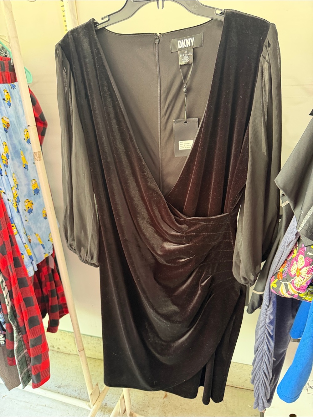 DKNY Black Velvet Draped V-Neck Midi Dress with Sheer Sleeves